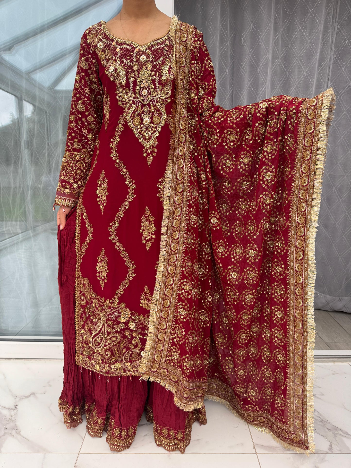 MALIKA - Embroidered chiffon kameez with crushed Sharara