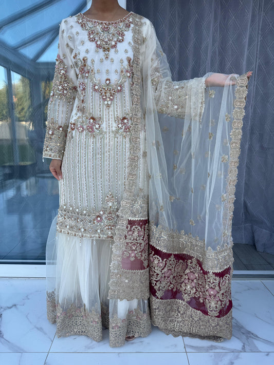 AMELIA - Embroidered Imrozia net kameez with Gharara