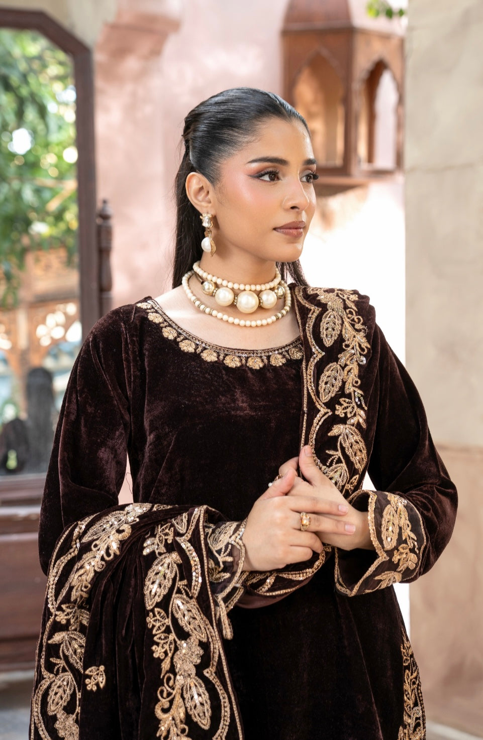 AIMA BROWN - Embroidered micro velvet kameez with plazo and velvet shawl