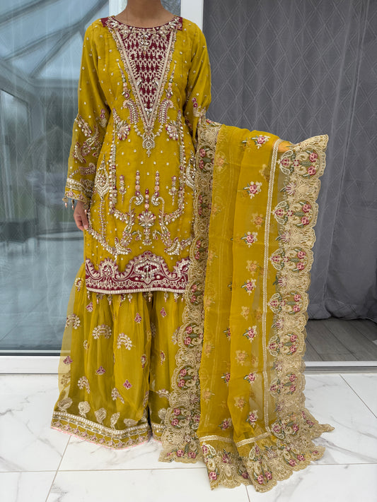 DASTOOR - Embroidered organza gharara readymade outfit with embellishments