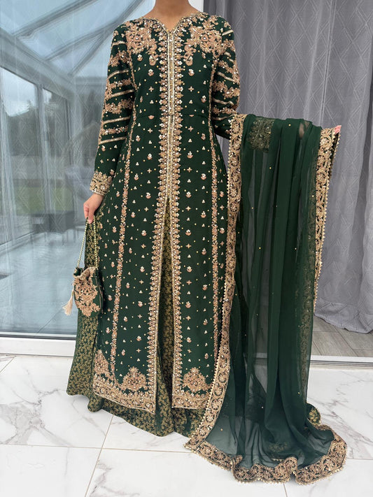 JANNAT - Embroidered chiffon kameez with brocade lengha green