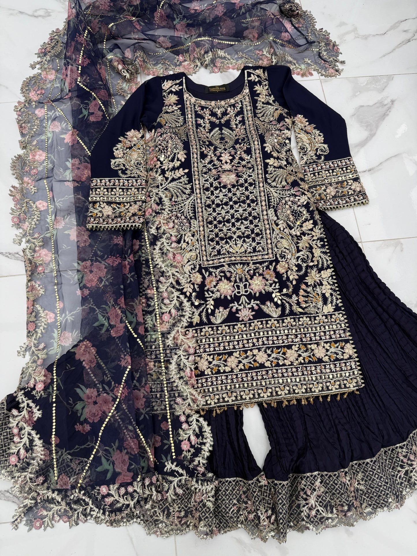 FALAK - Embroidered chiffon kameez with crushed sharara