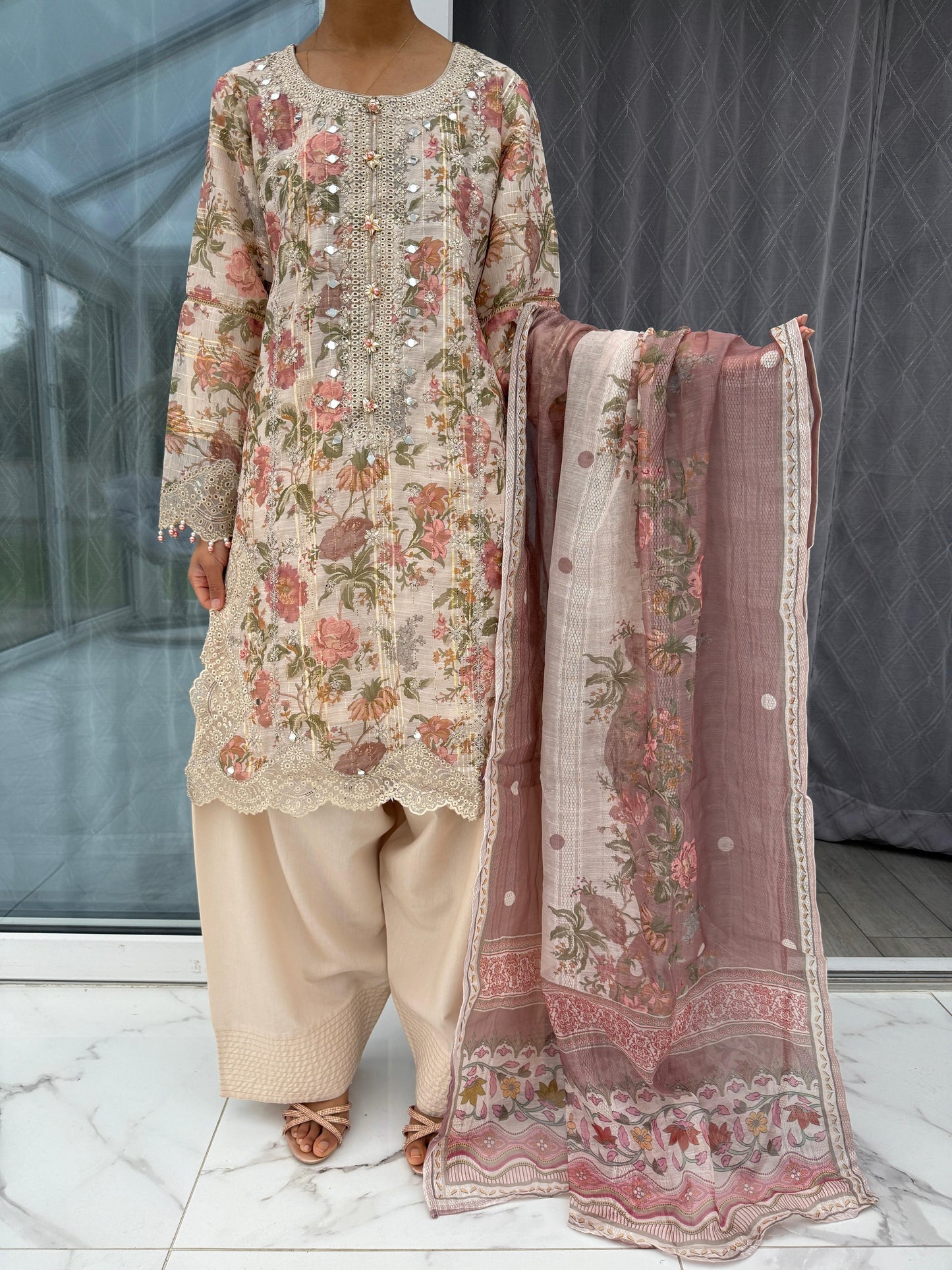 GULNAZ - Emroidered floral monar outfit with farshi shalwar (peach flower)