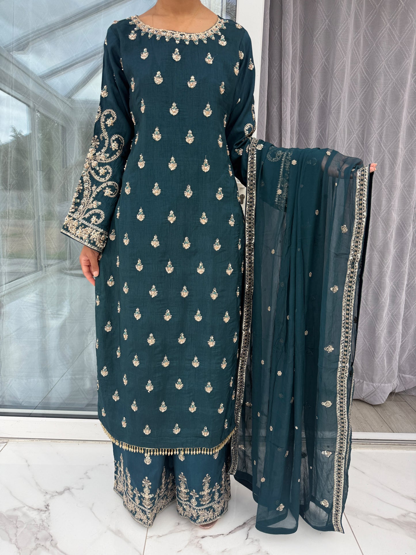 ADAH TEAL - Handwork embellished pure silk kameez with plazo