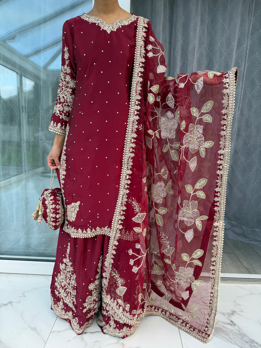 KASHISH MAROON - Embroidered silk kameez with sharara