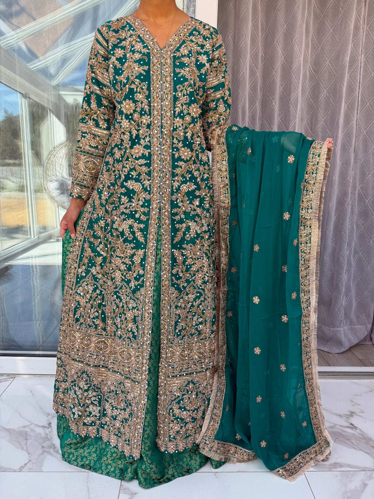 JAHAN - Embroidered chiffon kameez with brocade lengha