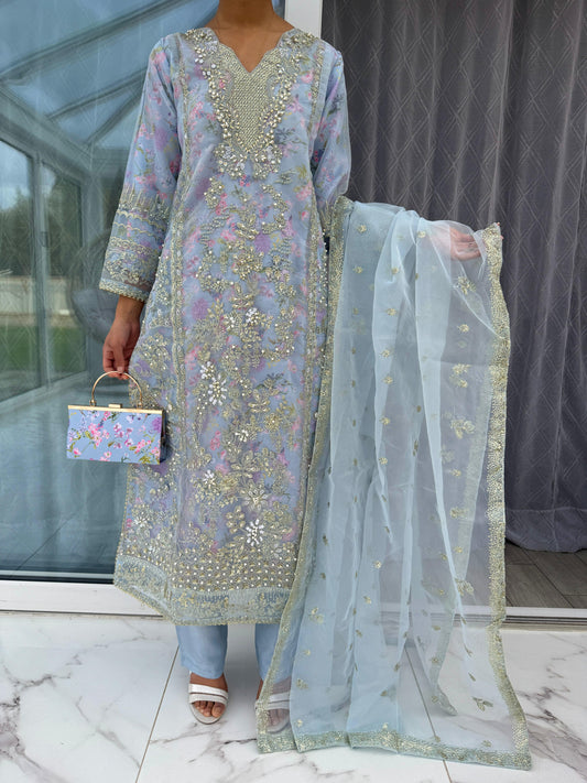 MARIYA - Embroidered organza kameez with floral silk lining