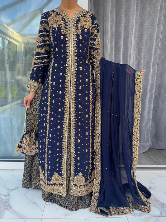 JANNAT NAVY BLUE - Embroidered chiffon kameez with brocade lengha