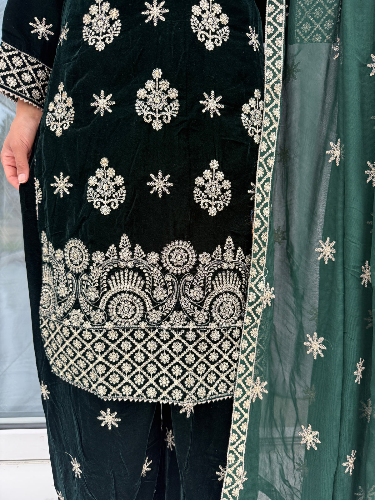 RIMSHA GREEN - Embroidered velvet collection with plazo and chiffon Dupatta