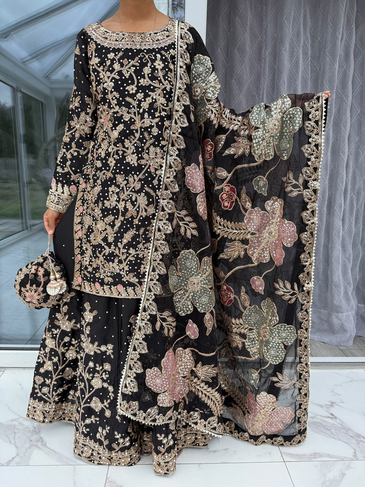 KHAANI BLACK - Embroidered luxury silk kameez with Sharara