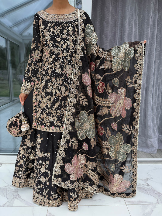 KHAANI BLACK - Embroidered luxury silk kameez with Sharara