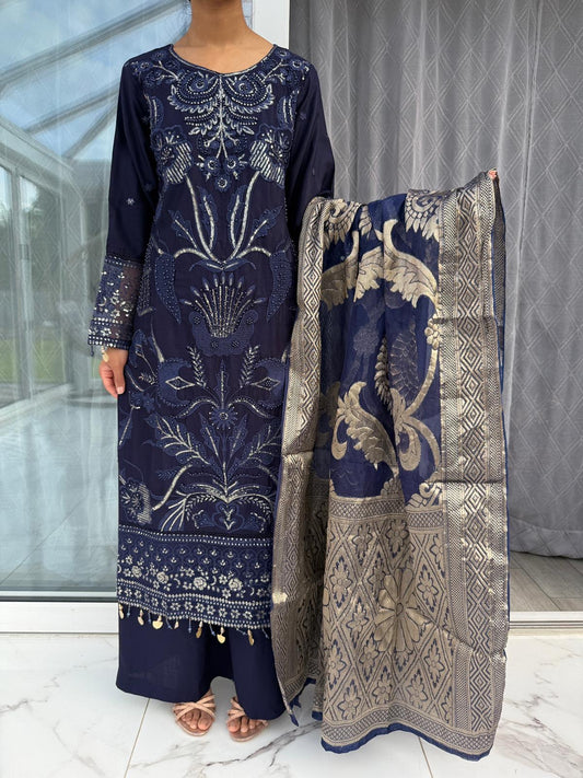 AIRA BLUE - Embroidered linen kameez with jacquard duppatta