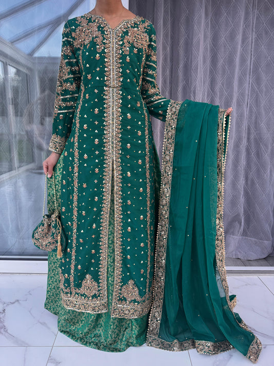 JANNAT TEAL - Embroidered chiffon kameez with brocade lengha