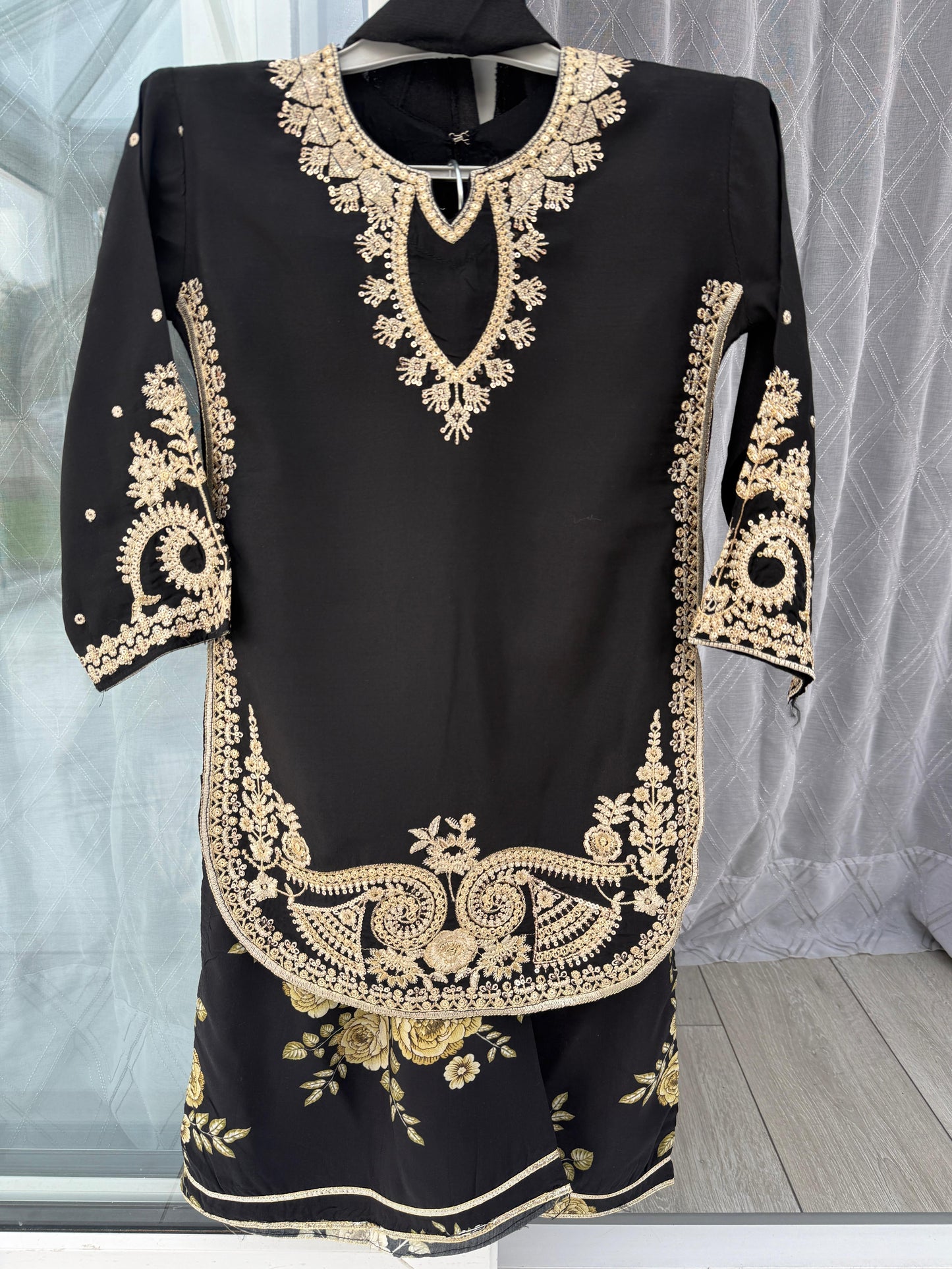 MIRA MOTHER/DAUGHTER COLLECTION BLACK - Embroidered kameez with printed Sharara