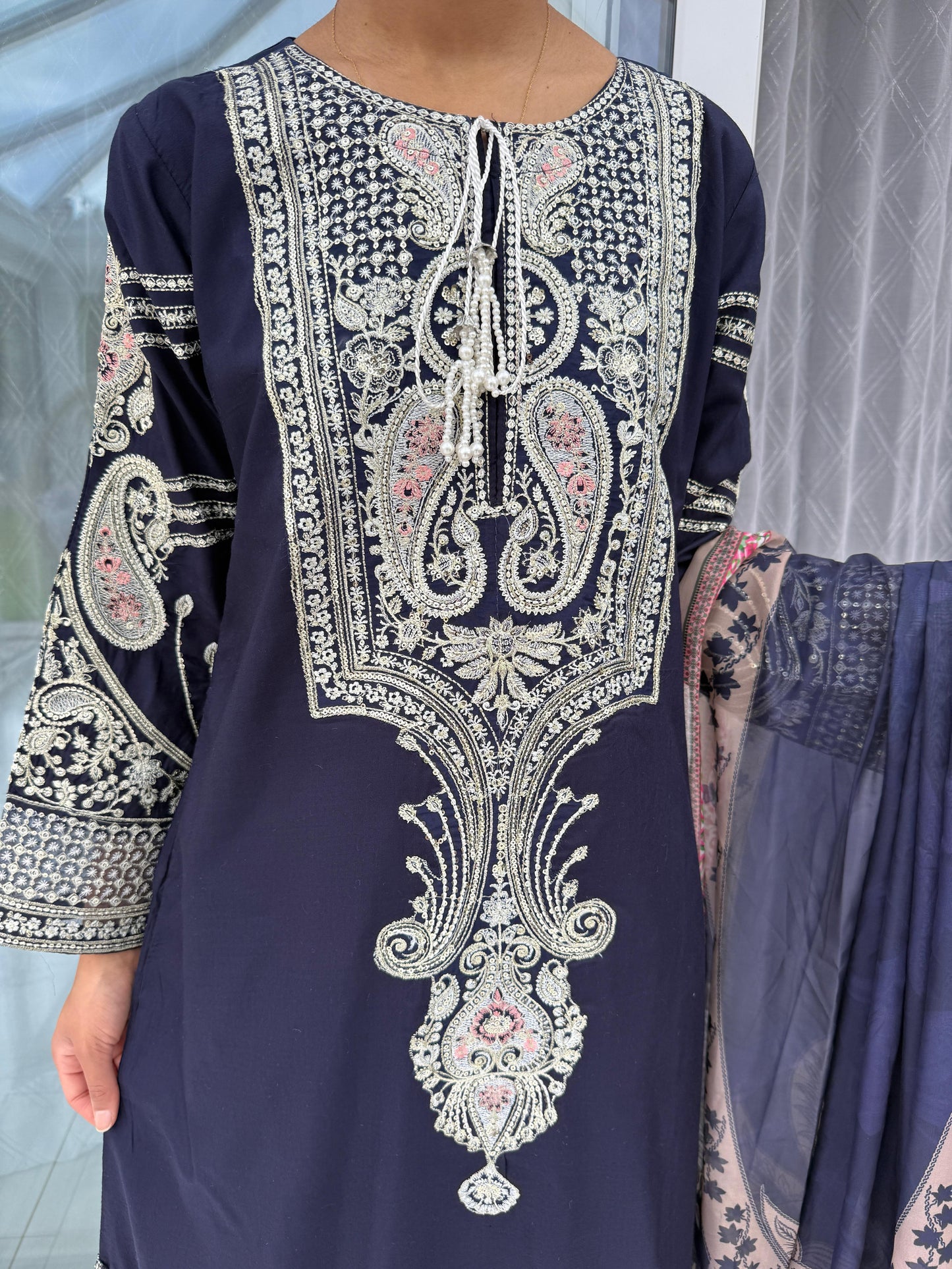 SIMRANS ETHNIC KAFTAN NAVY BLUE - Embroidered kaftan style kameez with straight trousers