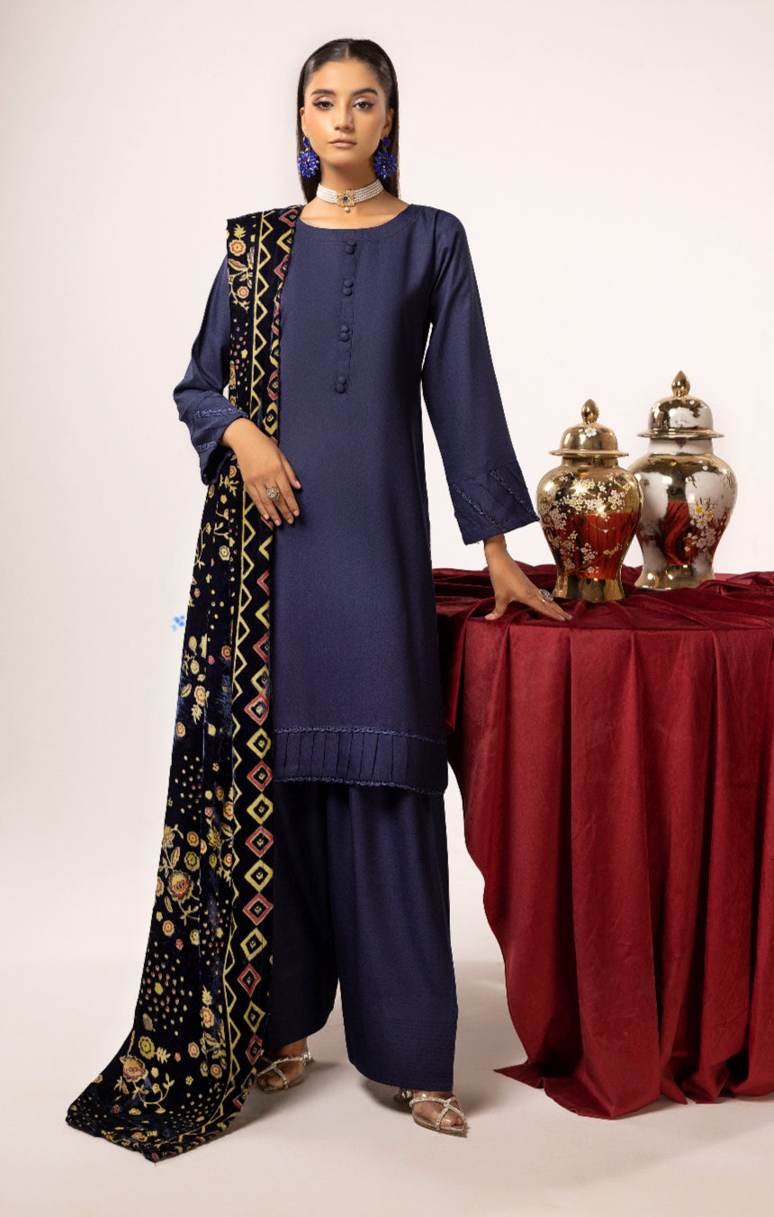 ZOYA NAVY BLUE - DHANAK WITH PLACHI SHAWL