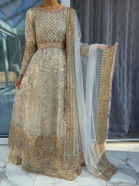 DIYANA - Embroidered net maxi dress with lengha skirt