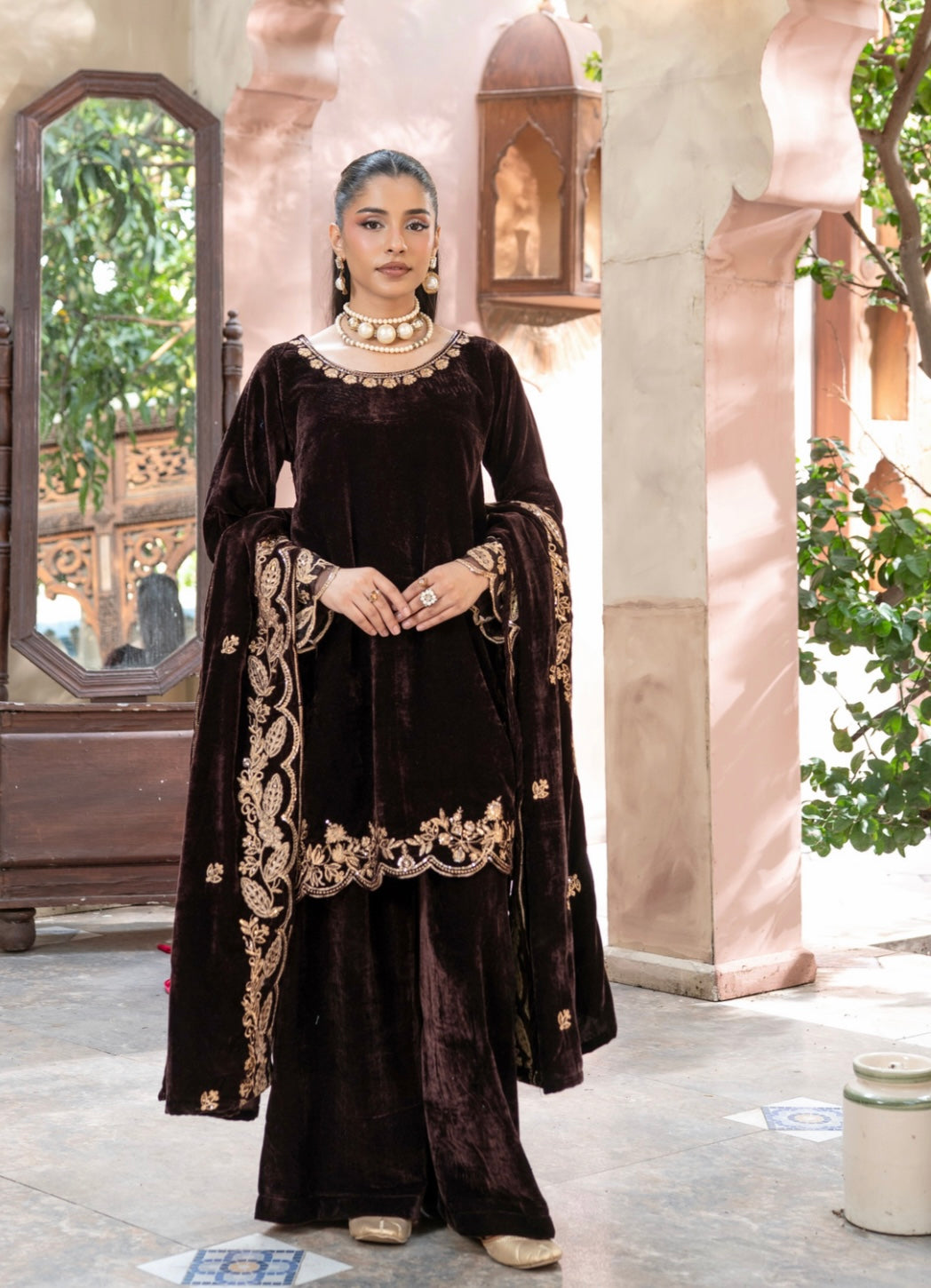 AIMA BROWN - Embroidered micro velvet kameez with plazo and velvet shawl