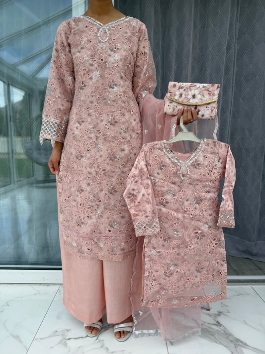 MIA - Mother/daughter embroidered organza kameez with silk lining