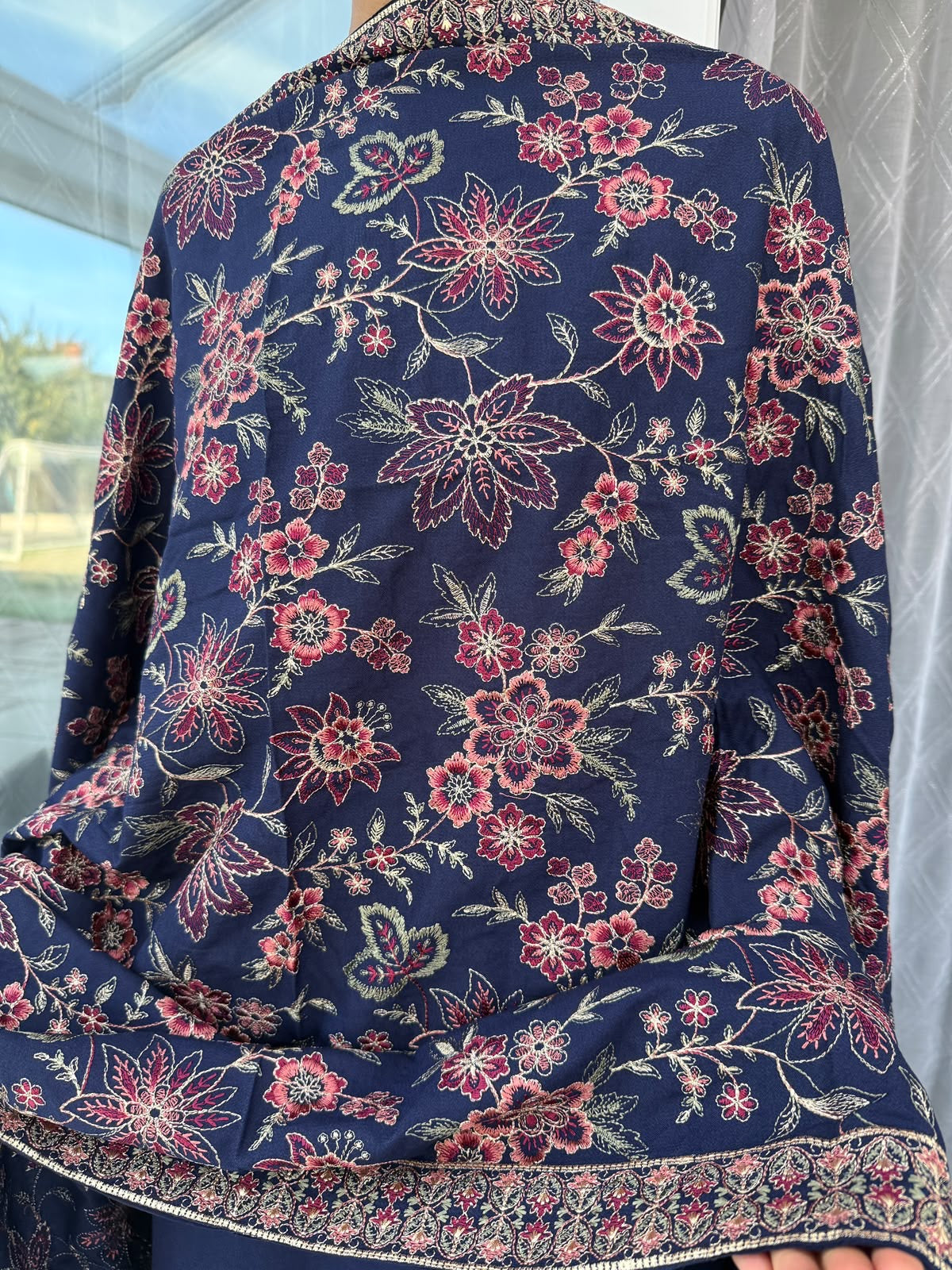 MAHAM NAVY BLUE - Embellished Dhanak kameez with embroidered Kashmiri shawl and plazo