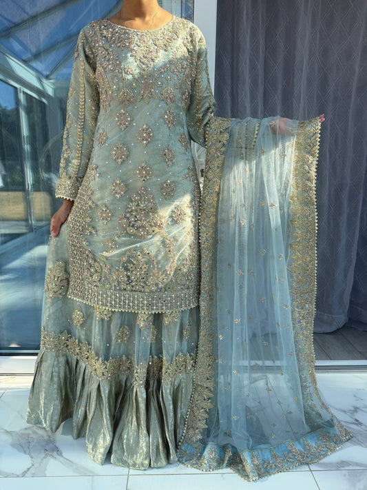 DUNIYA - Embroidered net kameez and lengha with brocade lining