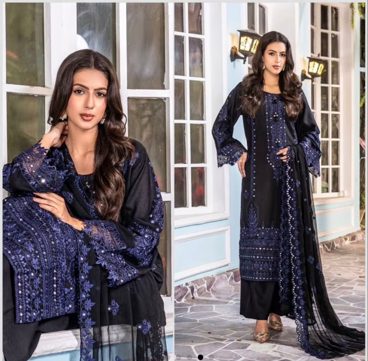 UNAIZA - Embroidered Dhanak collection with chiffon duppatta/plazo Black