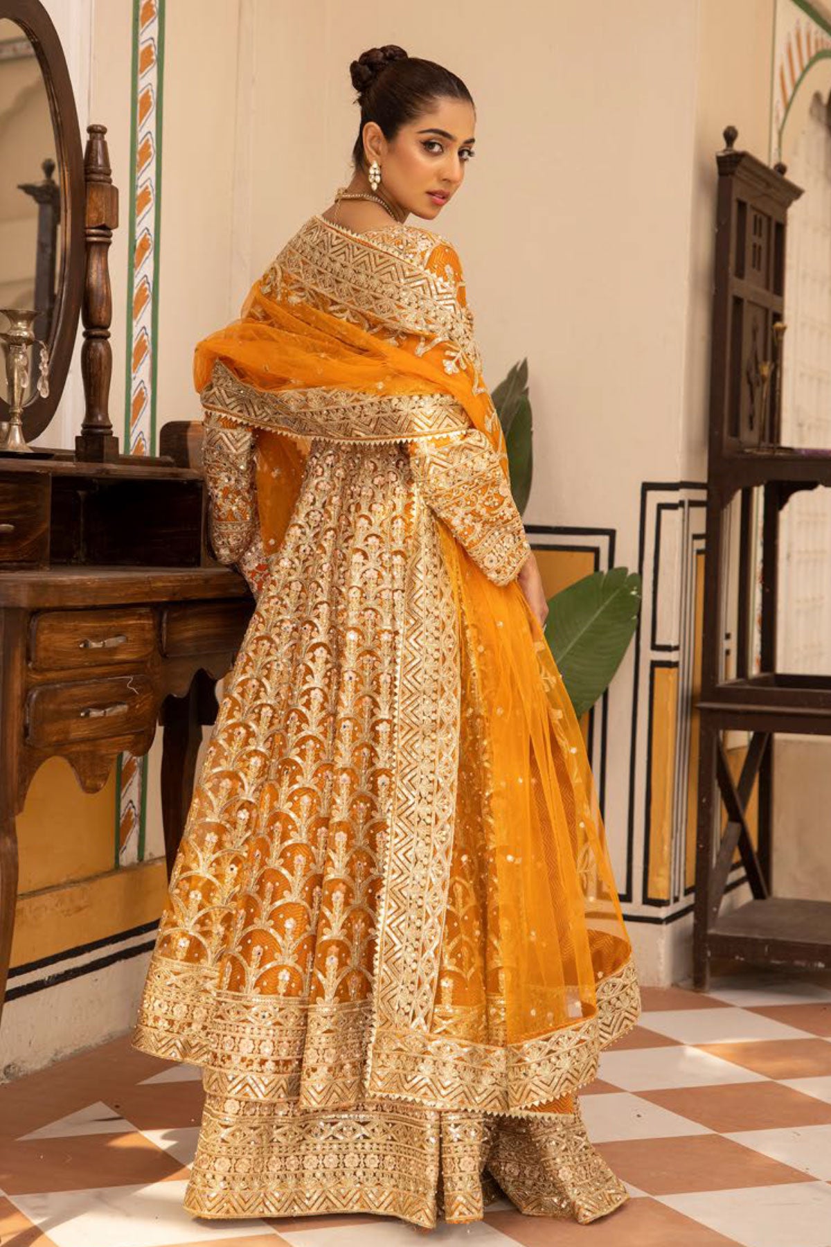 SIYANA - Embroidered net maxi dress with lengha skirt