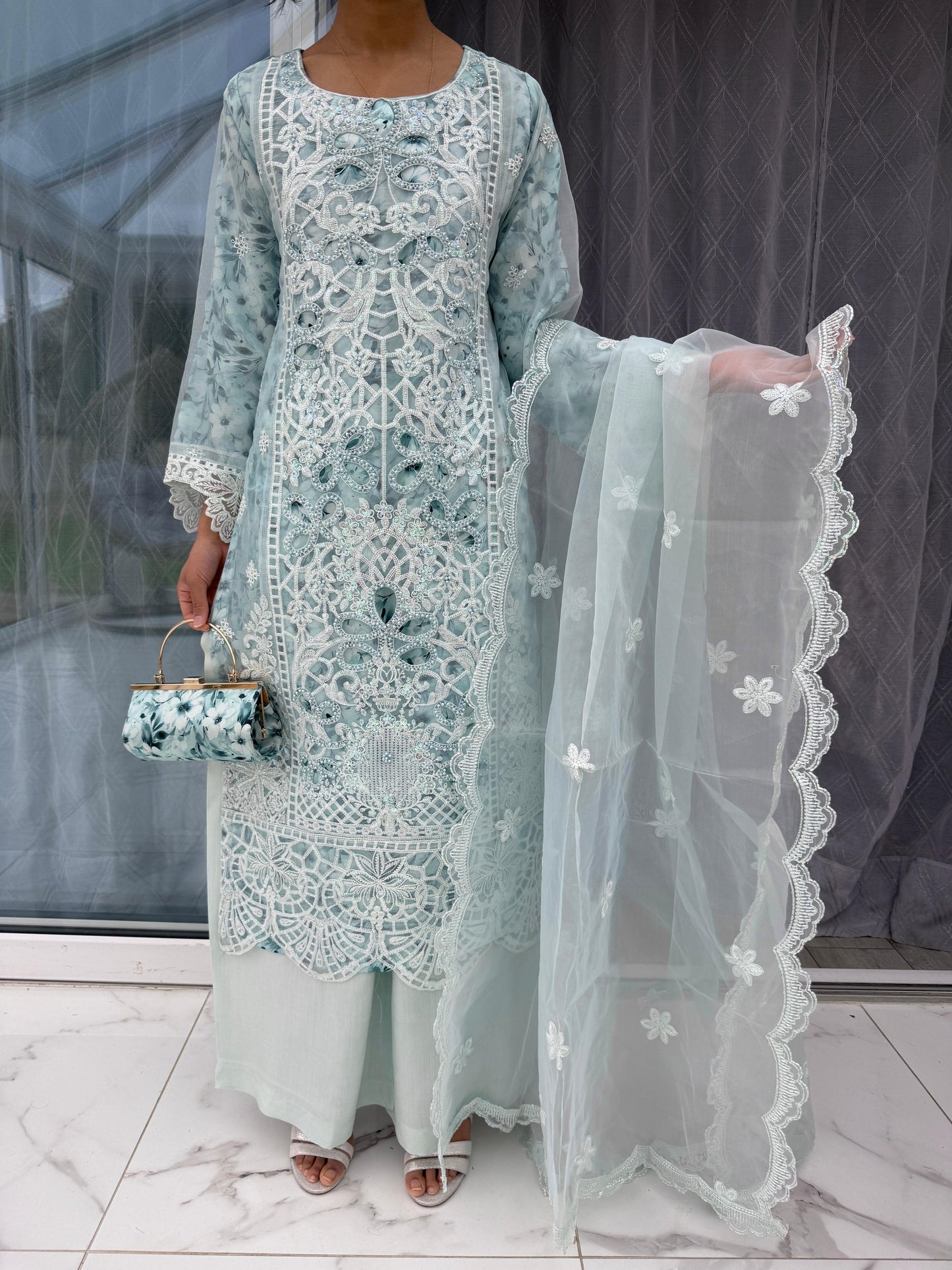 MINHA - Embroidered organza kameez with floral printed silk lining