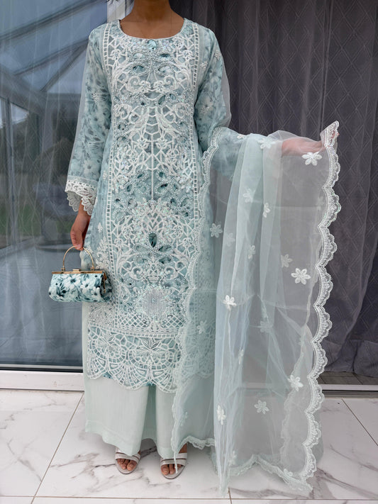 MINHA - Embroidered organza kameez with floral printed silk lining
