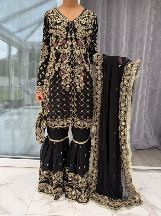 HUSN - Embroidered chiffon readymade outfit with Farshi gharara