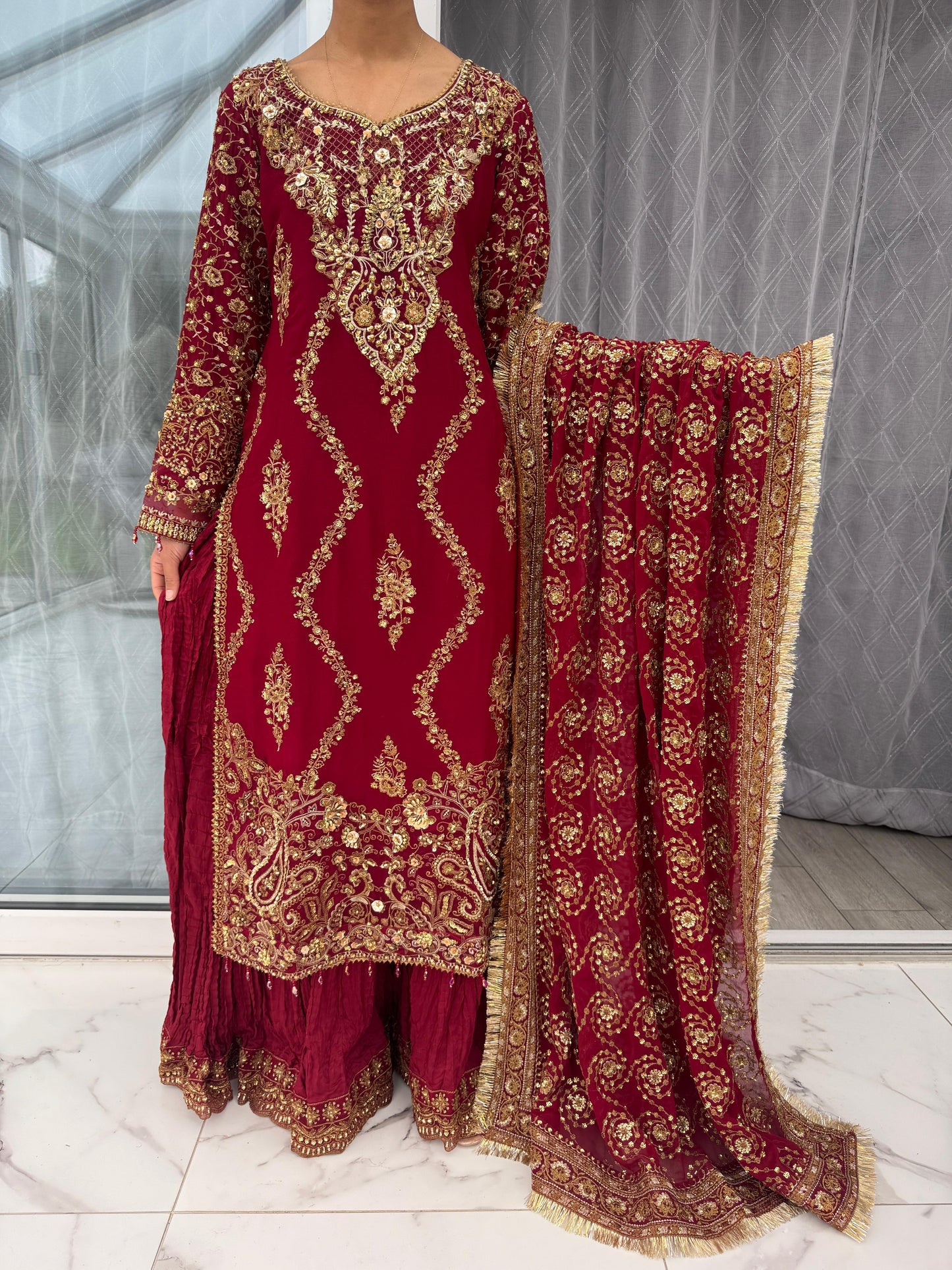 MALIKA - Embroidered chiffon kameez with crushed Sharara