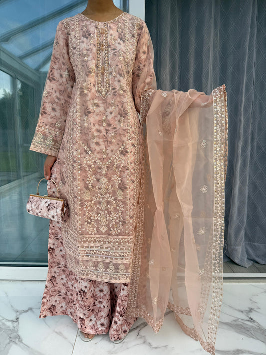 MINAL - Embroidered organza kameez with floral printed silk lining and Sharara