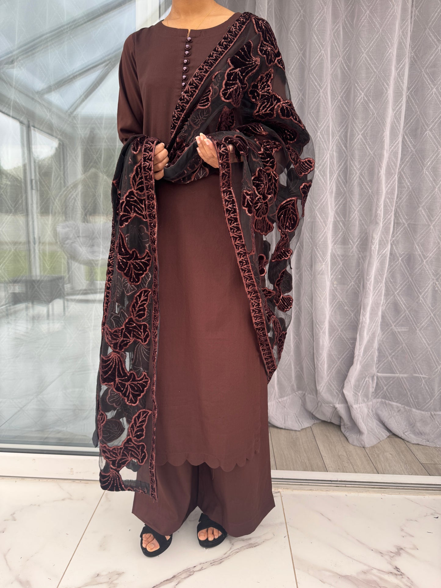 NURA SIMRANS - Dhanak readymade outfit with laserkari velvet net dupatta