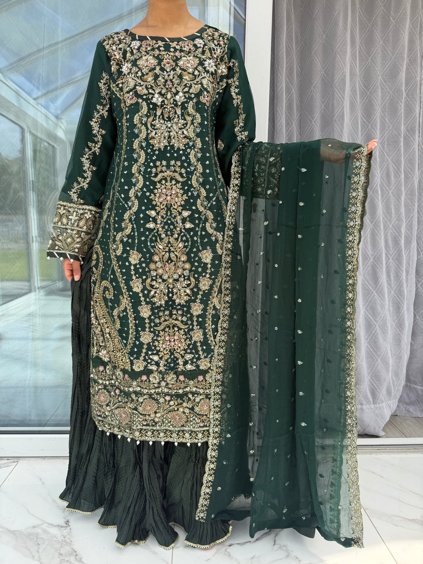 QAMAR GREEN - Embroidered chiffon kameez with crushed sharara