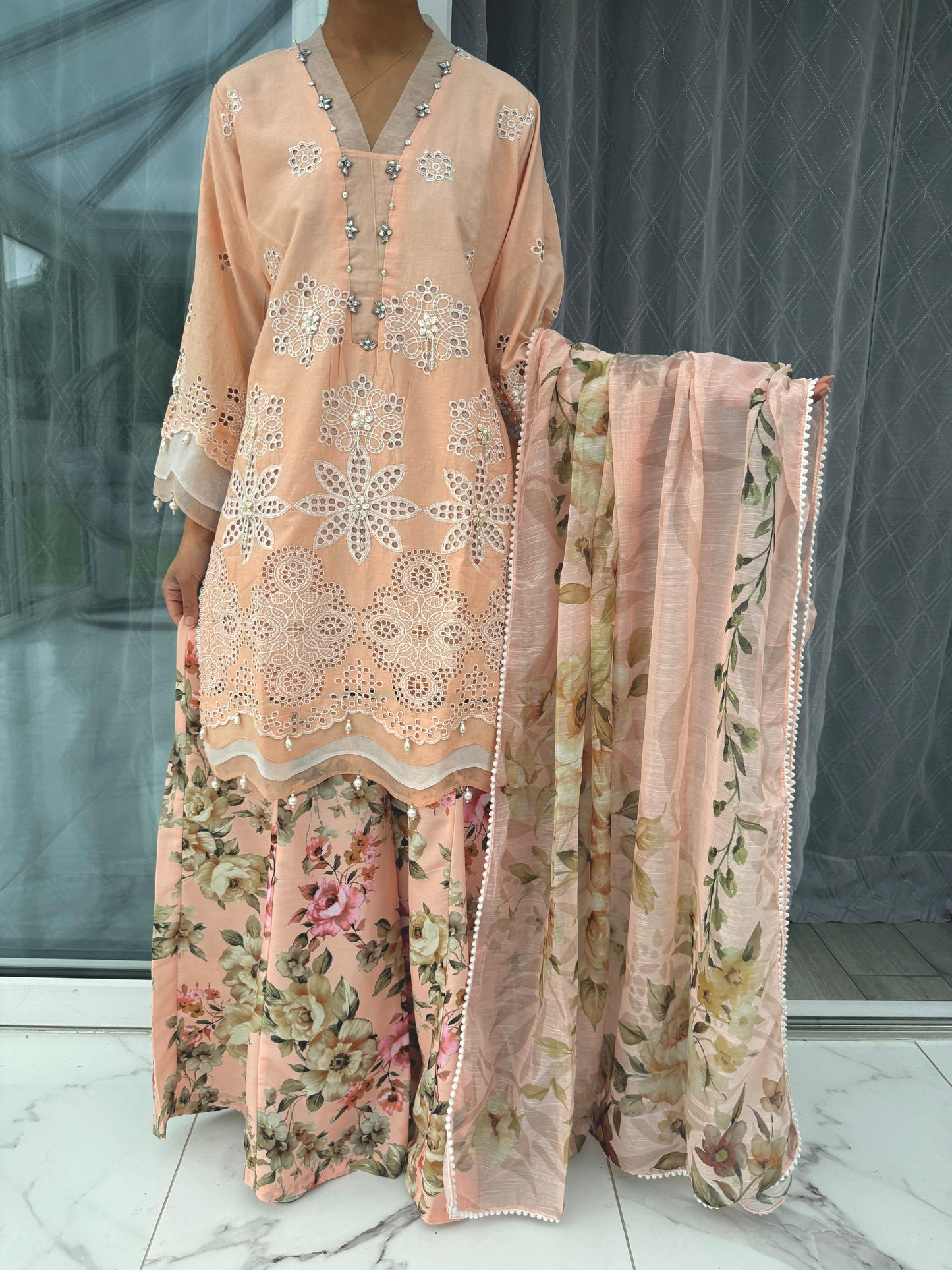 AINA - Embroidered soft cotton kameez with floral printed Sharara