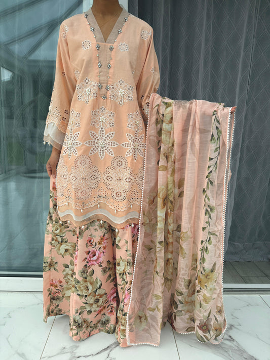 AINA - Embroidered soft cotton kameez with floral printed Sharara