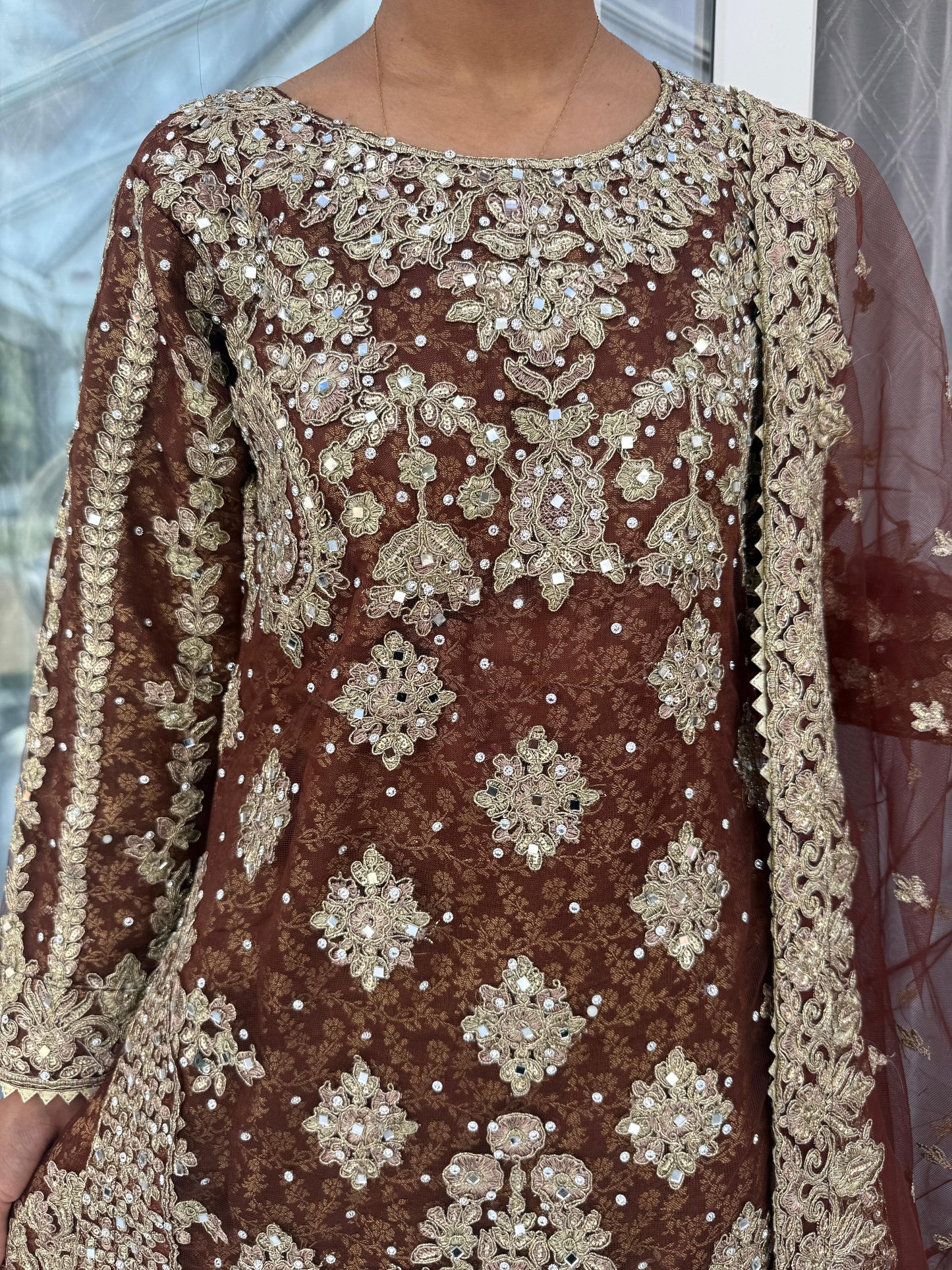 DUNIYA BROWN - Embroidered net kameez and lengha with brocade lining