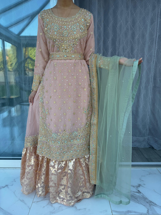 MAYAR - Embroidered chiffon kameez with Farshi lengha