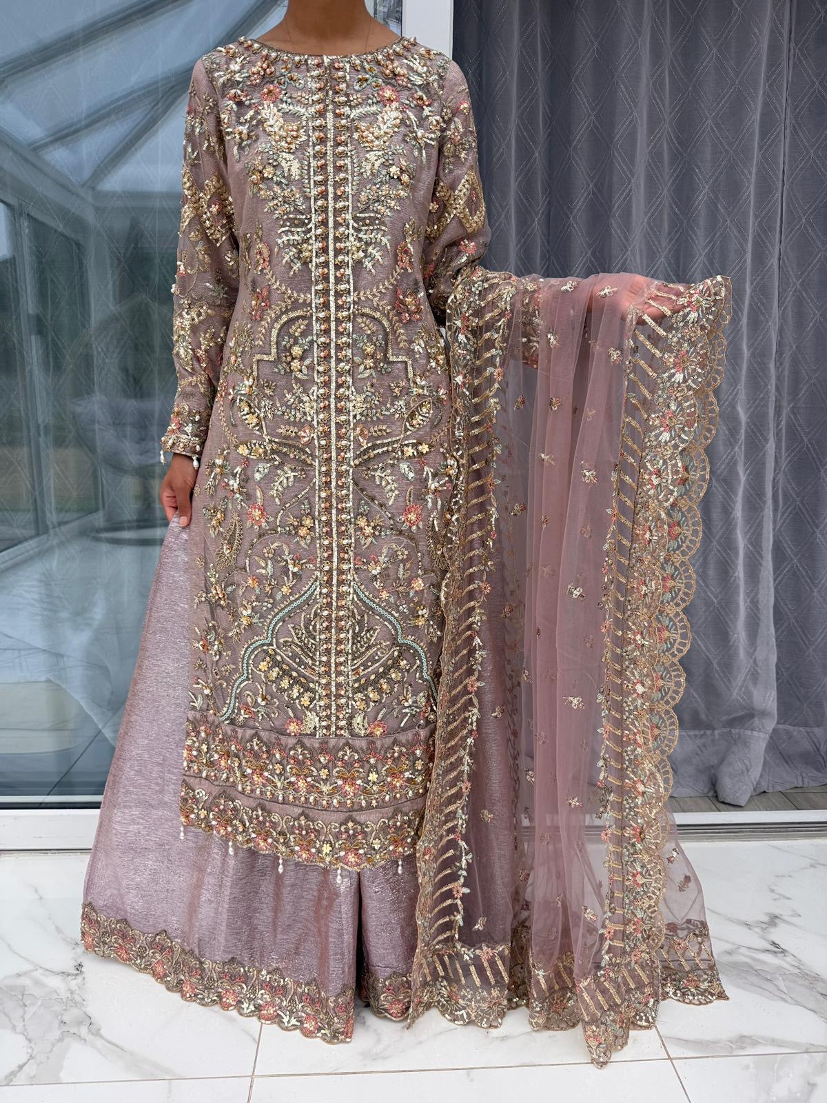 ALAIRA LILAC - Handwork embellished net outfit with sharara
