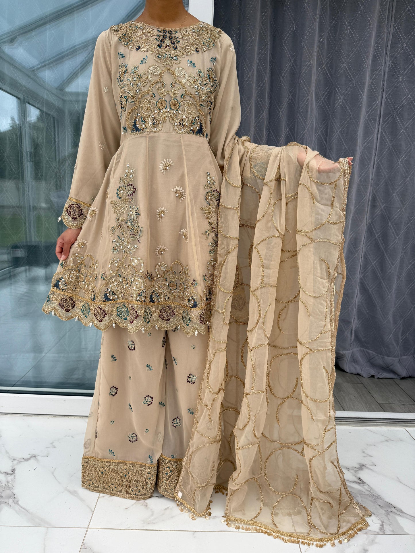 SAMAN - Luxury chiffon peplum dress with plazo