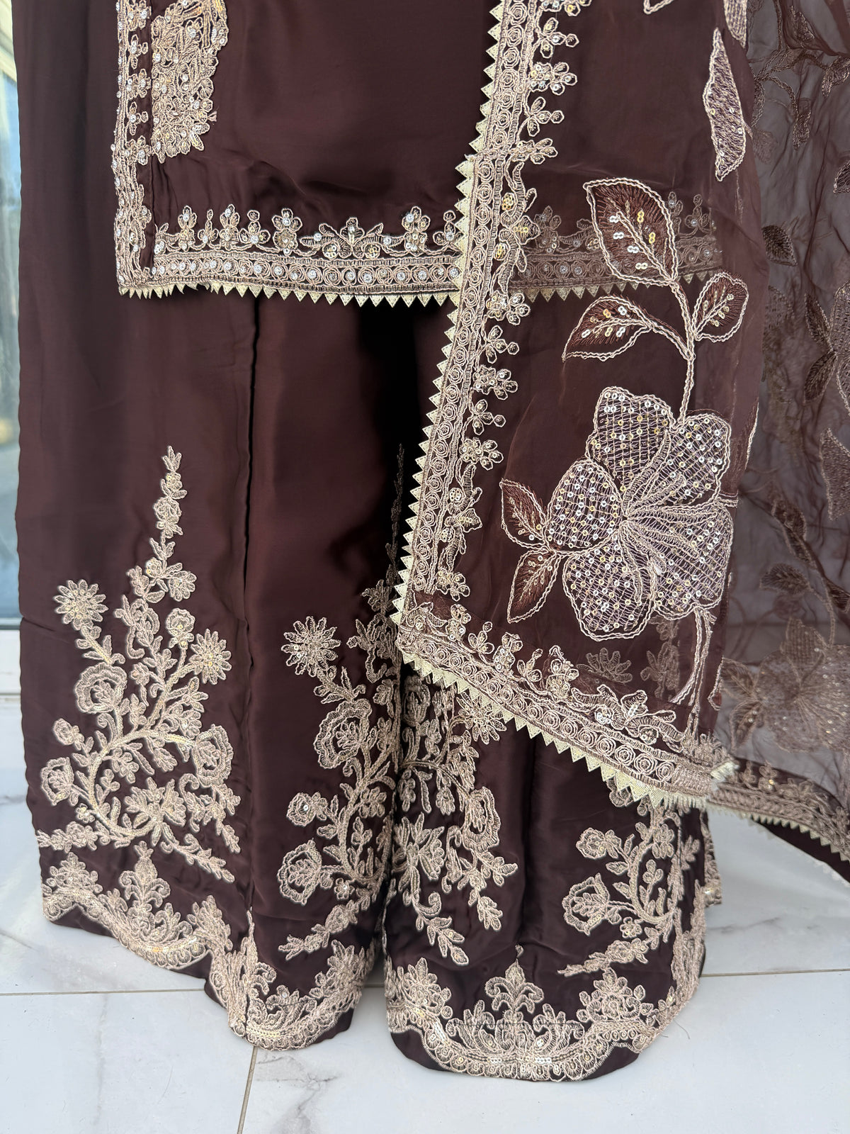 KASHISH DEEP BROWN - Embroidered silk kameez with sharara and dupatta