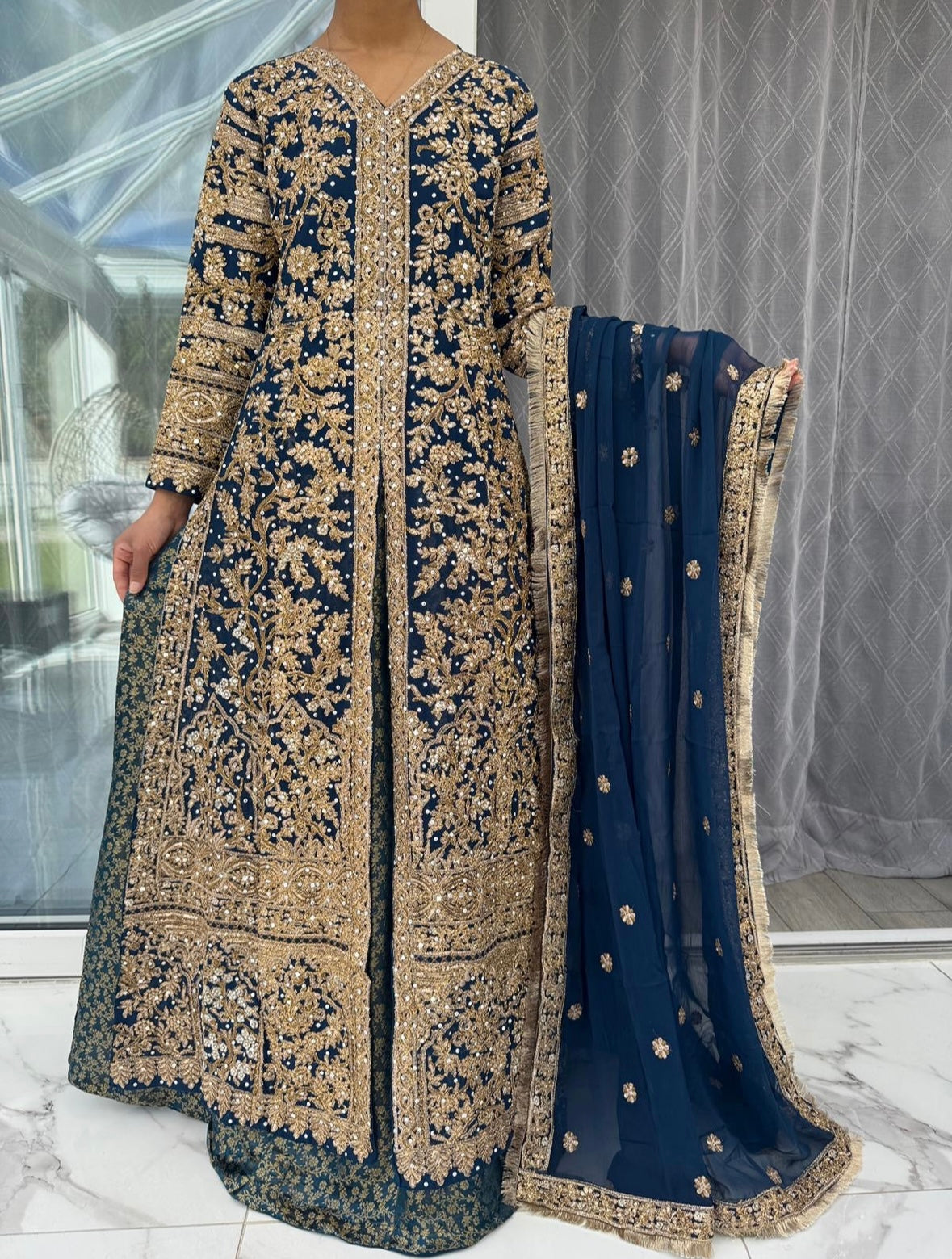 JAHAN MIDNIGHT BLUE - Embroidered chiffon kameez with brocade lengha