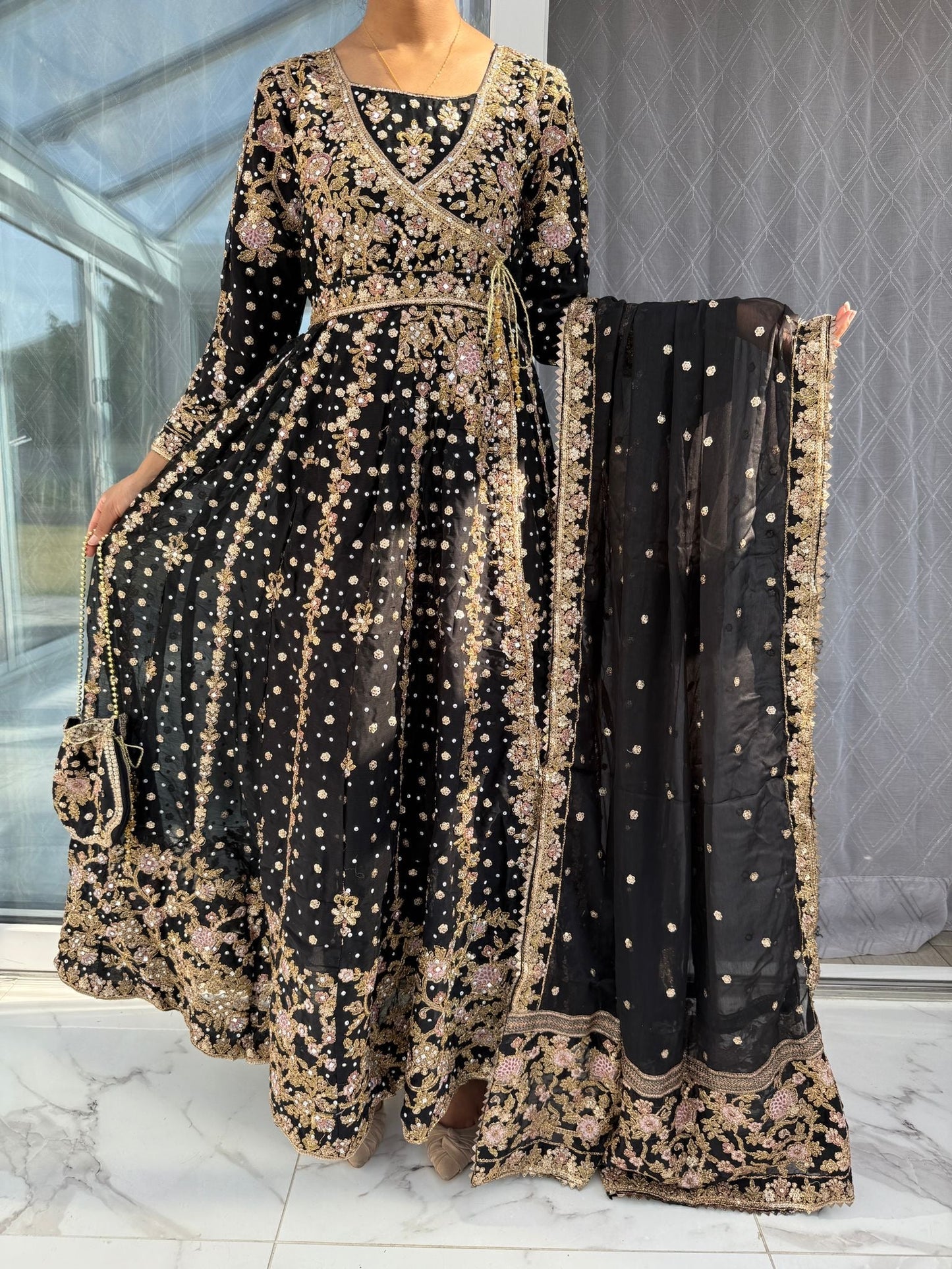 ALAMZEB BLACK - Fully embroidered readymade chiffon maxi party outfit