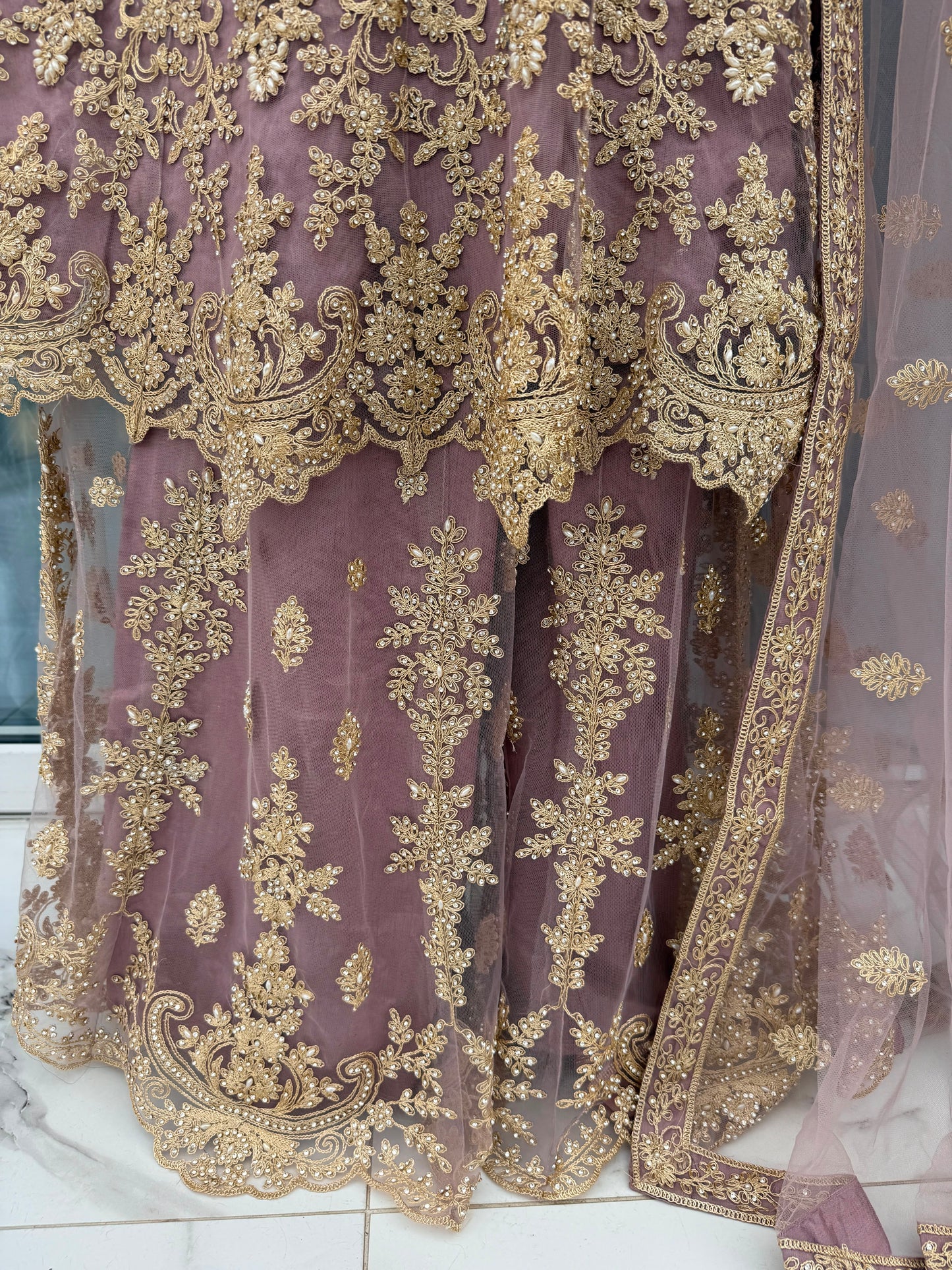 MAHNOOR - Embroidered net peplum dress with Sharara