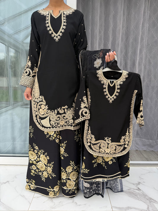 MIRA MOTHER/DAUGHTER COLLECTION BLACK - Embroidered kameez with printed Sharara