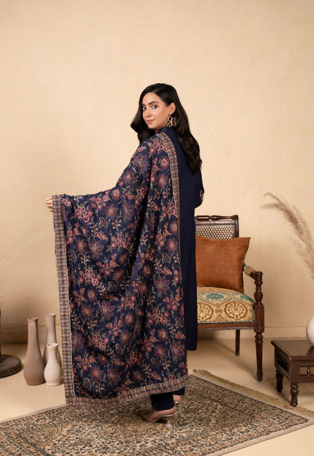 MAHAM NAVY BLUE - Embellished Dhanak kameez with embroidered Kashmiri shawl and plazo