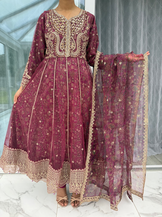 AMISHA - Embroidered net dress with floral silk lining
