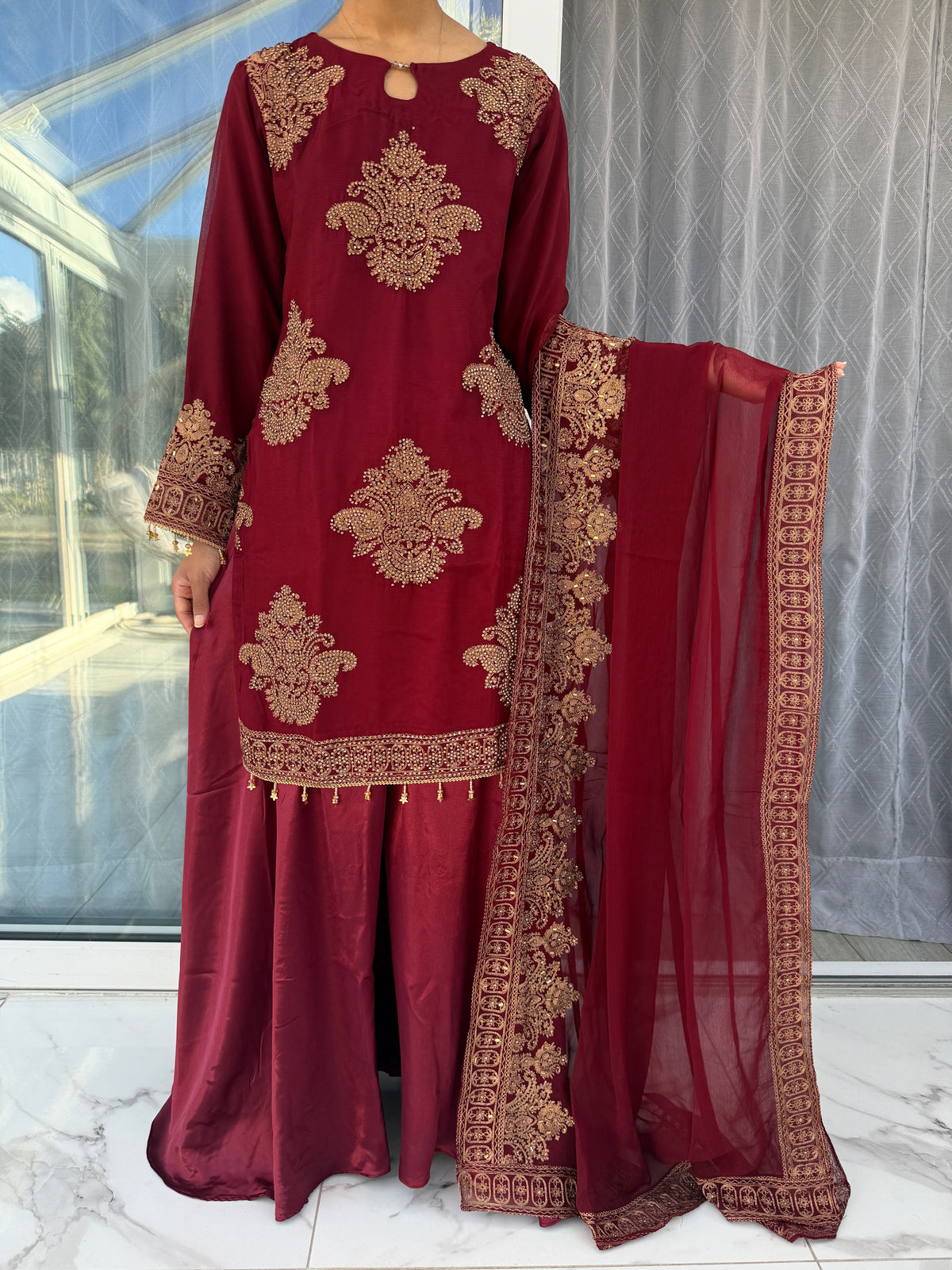 HASEENA WINE MAROON - Embroidered chiffon kameez with diamante & silk sharara