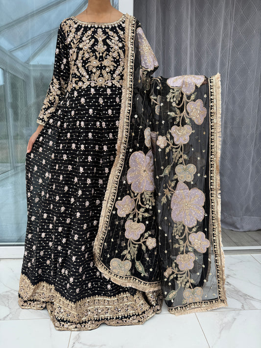 KAINAZ BLACK - Embroidered chiffon partywear maxi dress