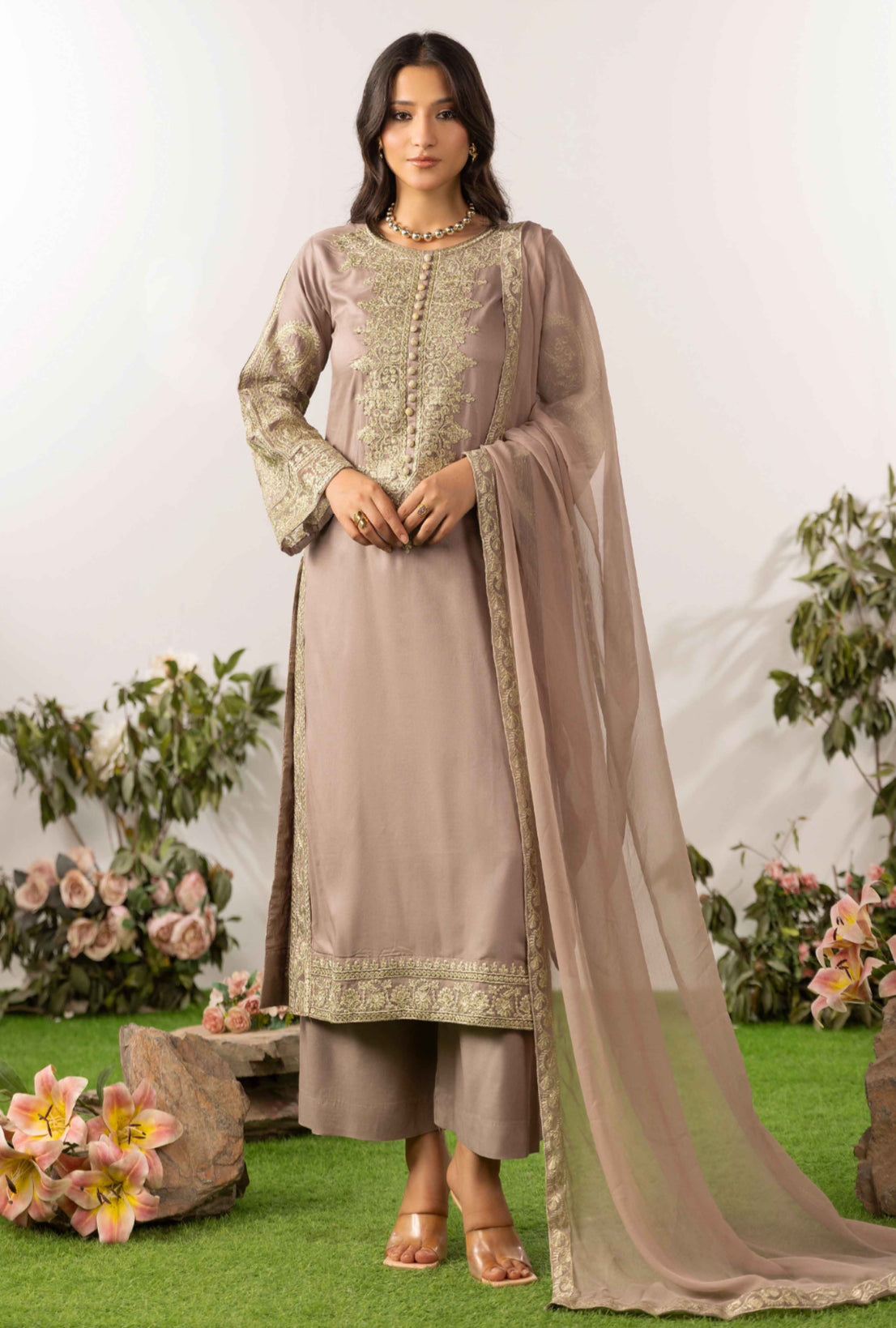 ALIZEH - Embroidered linen kameez with plazo